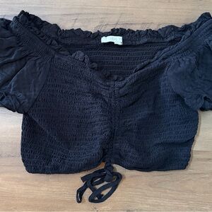 Small Black Off the Shoulder Tie Crop Top with Ruffles on the Sleeve